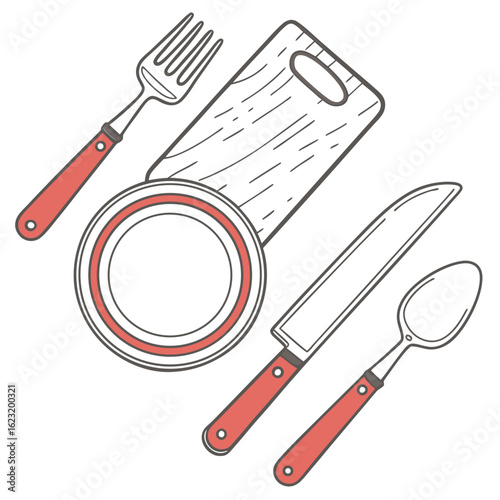 A simple overhead illustration of a fork plate cutting board knife and spoon with red handles on a white background