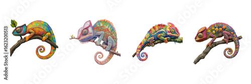 A set of vibrant chameleons with curled tails perched on branches – high-resolution images isolated on transparent for nature and biology themes