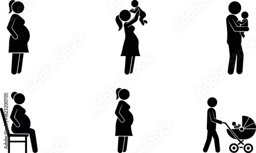 Pregnancy and Parenthood Stages, Stick Figures Showing Pregnant Women and Parents
