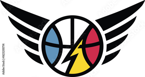 Winged basketball sports emblem with lightning bolt logo design