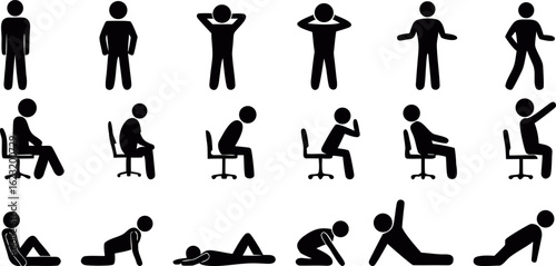 Stick Figures in Various Poses Standing, Sitting, Stretching
