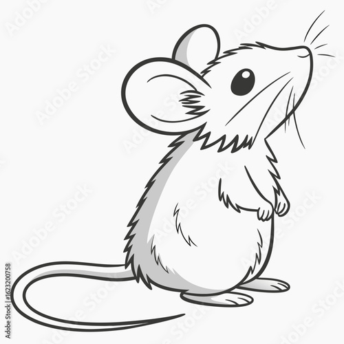 Adorable cartoon mouse standing on hind legs looking up with curiosity and large ears