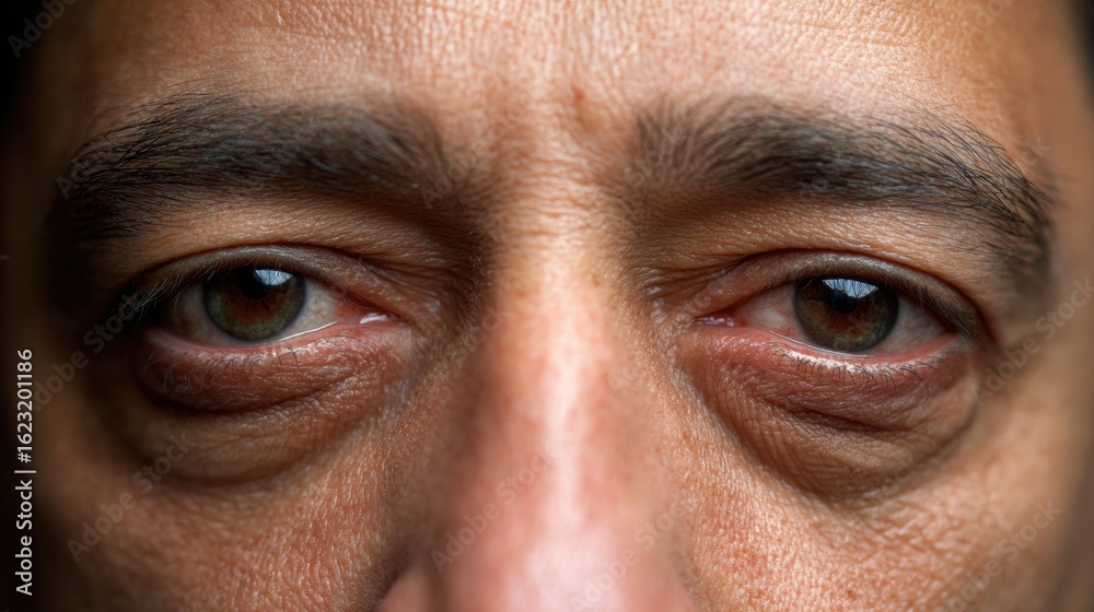 Fototapeta premium Extreme close-up of tired human eyes with pronounced under-eye bags and dark circles, realistic skin texture, natural lighting, visible wrinkles and puffiness, neutral background