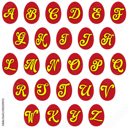 Alphabet icon. Yellow red letters. Uppercase decorative set. Vector text symbol. EPS 10.
