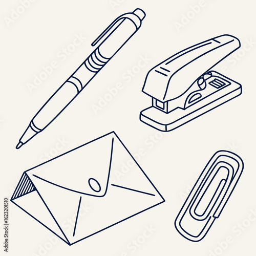 Collection of essential office supplies including a pen stapler envelope and paperclip depicted in a simple line art style