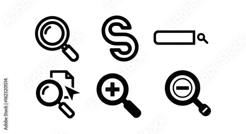 Vector art of a collection of search icons representing magnifying glasses and search bars for web and application user interfaces