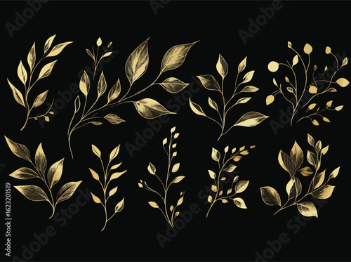 Elegant golden leaf branches on a black background for luxurious designs