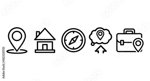 Vector art of collection of location and navigation icons representing travel destinations and places of interest for maps and applications
