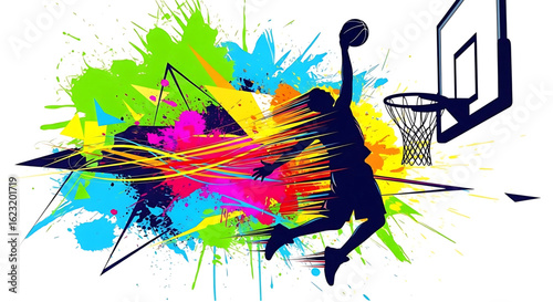Basketball Player Dunking with Abstract Paint Splatter