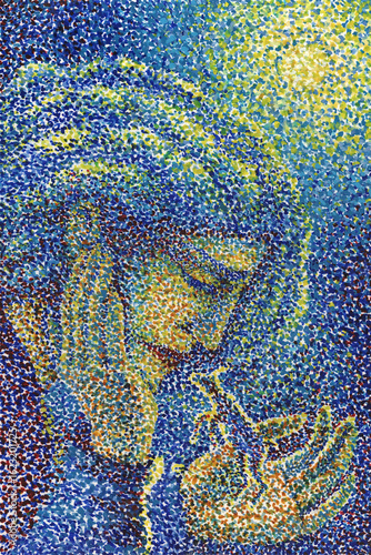 Foto "Symbolic pointillist watercolor of Gringoire holding Djali the goat in moonlight