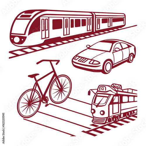 Collection of various transportation vehicles including a train car bicycle and tram on white background