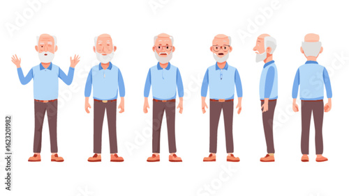 Illustration of senior man character design in different poses vector art for animation and design work