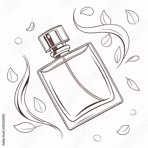 Elegant perfume bottle outline with leaves and swirls illustration design