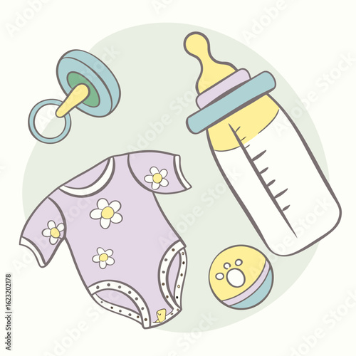 Cute baby essentials including a pacifier onesie baby bottle and rattle on a soft green background