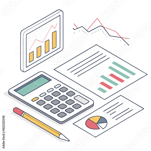 Isometric financial analysis illustration with calculator pencil graphs and reports