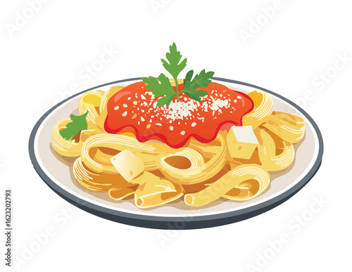 Plate of Fettuccine Pasta with Tomato Sauce - Vector Illustration