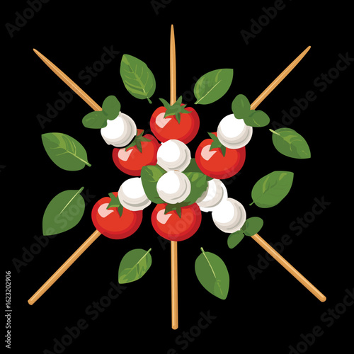 Caprese Skewers Appetizer with Basil - Vector Illustration