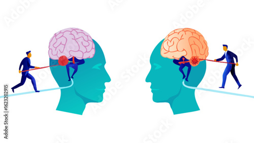 Two heads with brains being manipulated by small figures in a tug of war illustration