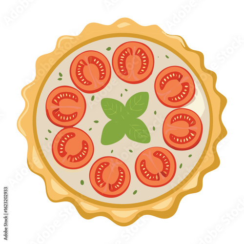 Fresh Savory Tart with Tomato and Basil - Vector Illustration