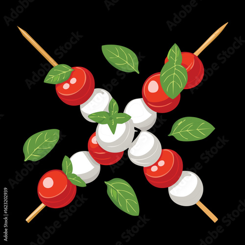 Fresh Tomato and Mozzarella Skewers - Vector Illustration