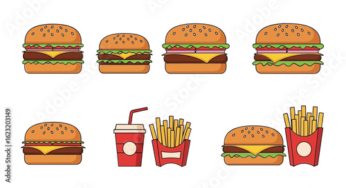 Fast Food Menu with Burgers, Fries, and Drink Illustration