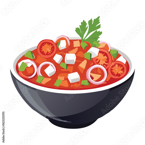 Fresh Salad Bowl with Tomatoes and Onions - Vector Illustration