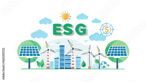 Esg environmental social governance investing sustainable development renewable energy and wind power illustration