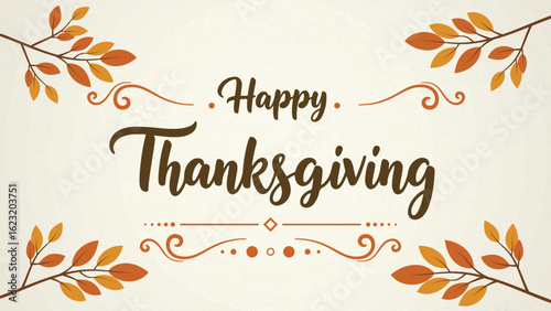 Elegant Happy Thanksgiving Vector Greeting with Maple Leaves and Flourishes