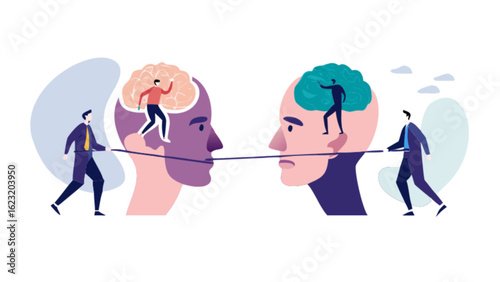 Conceptual illustration of two heads connected by a rope with figures walking on the brains and rope