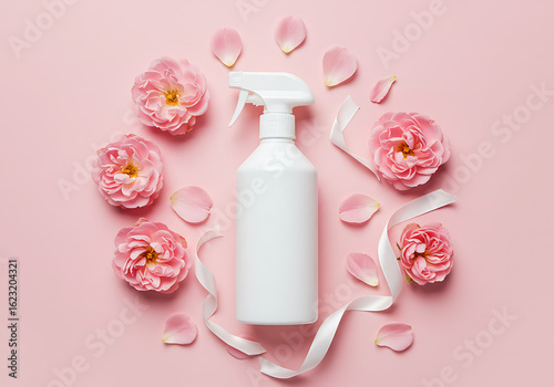 White Spray Bottle Mockup with Pink Roses