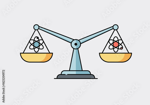 A balanced scale weighing two distinct atoms, symbolizing scientific principles, ethical debates, and fundamental physics.