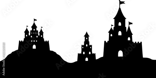 Vector art of silhouettes of multiple castles on a hilly landscape against white background