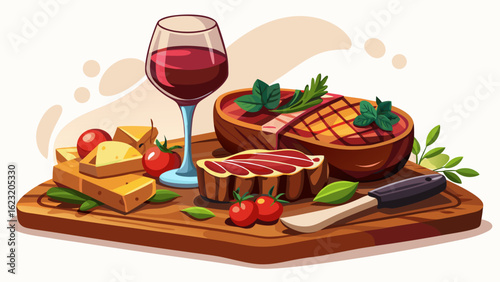 A mouthwatering steak and wine pairing scene, featuring a grilled sirloin steak, sliced and arranged on a rustic wooden board. A deep red wine glass sits beside it, with roasted  white  background