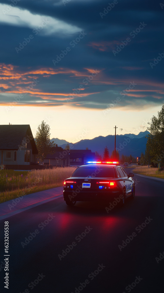 Fototapeta premium Police car with flashing lights cruises down a dark road. Sunset colors illuminate the sky and distant mountains.