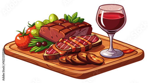 A mouthwatering steak and wine pairing scene, featuring a grilled sirloin steak, sliced and arranged on a rustic wooden board. A deep red wine glass sits beside it, with roasted  white  background