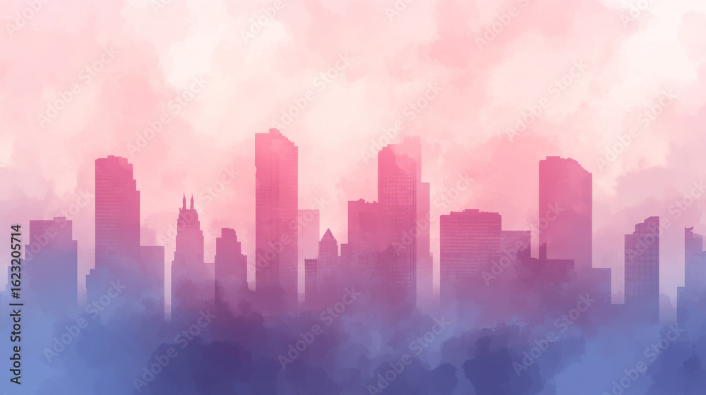 Fototapeta premium Abstract city skyline silhouette with vibrant watercolor hues. Dreamy gradient of pink and blue creates a modern urban landscape.