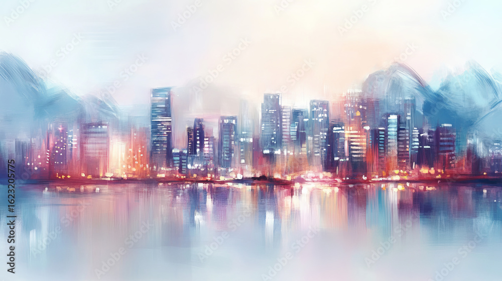 Fototapeta premium Vibrant cityscape at night reflects on calm water surface. Dynamic urban scene with glowing city lights and abstract elements.