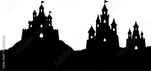 Vector art of black silhouette of multiple fairytale castles on a white background