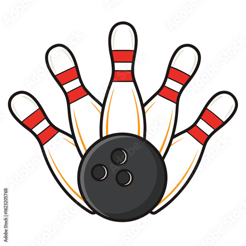 Five Bowling Pins Knocked Down by a Bowling Ball Illustration