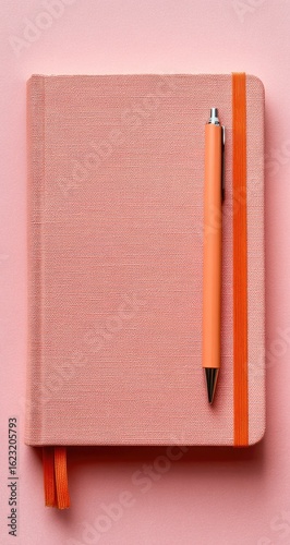Coral-toned notebook and pen on a pastel pink surface