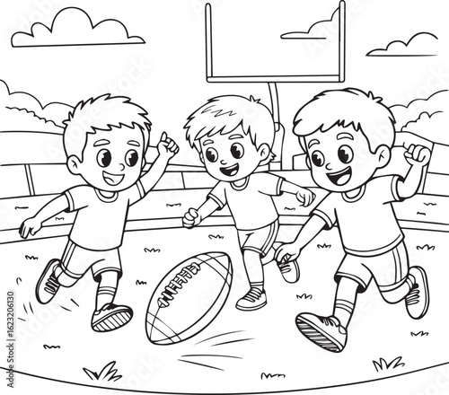 Kids Playing American Football Outline Vector Illustration for Sports and Recreation