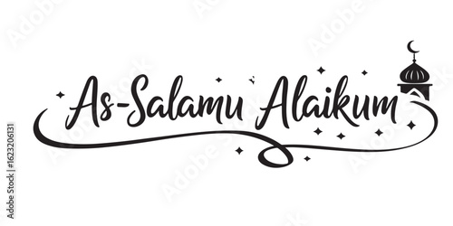 Elegant As-Salamu Alaikum Calligraphy with Mosque Silhouette and Sparkling Stars Wishing Peace and Blessings