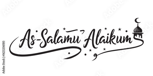 Elegant Calligraphy Depicting Islamic Greeting As-Salamu Alaikum with Mosque Silhouette and Star Accents Conveying Peace and Blessings