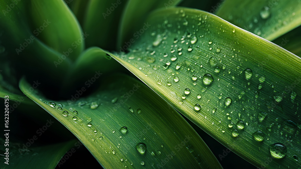 Obraz premium Fresh Green Leaves Adorned with Sparkling Water Droplets, Close-Up View