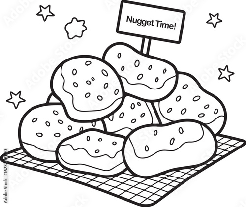 Pile of Chicken Nuggets with Nugget Time Sign Line Art Illustration on Wire Rack