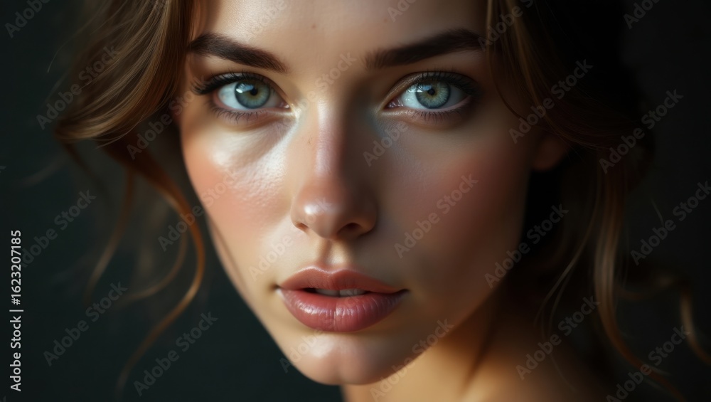 Fototapeta premium Captivating Portrait of a Young Woman with Striking Blue Eyes and Soft Lighting