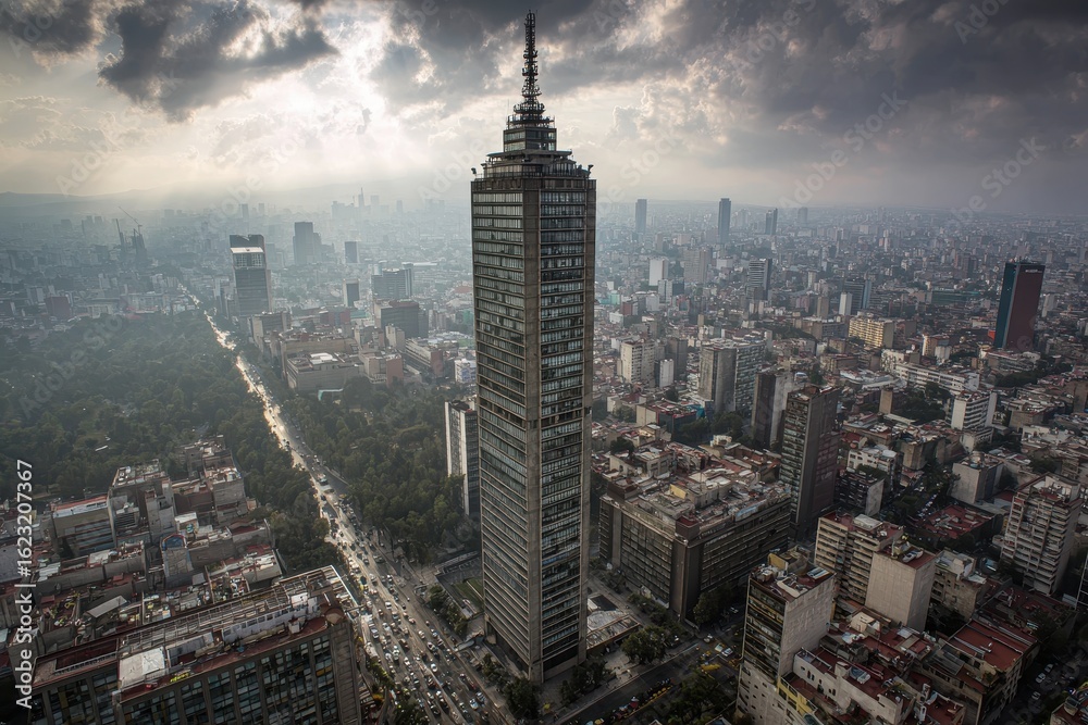 Fototapeta premium Mexico City skyscraper aerial view, urban sprawl, hazy day, travel
