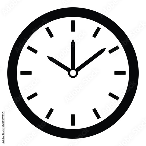 Art of simple black and white analog clock face with hour and minute hands indicating the time, isolated on white background