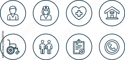 Medical icons person nurse heart house wheelchair people clipboard phone