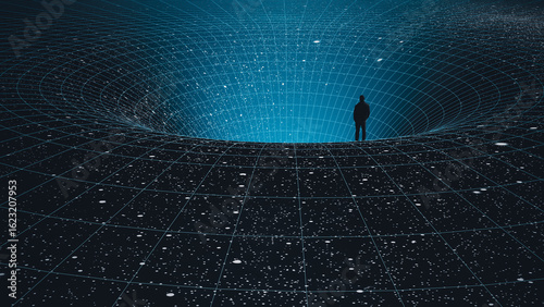 Silhouette of a man observing a black hole in the vast cosmos